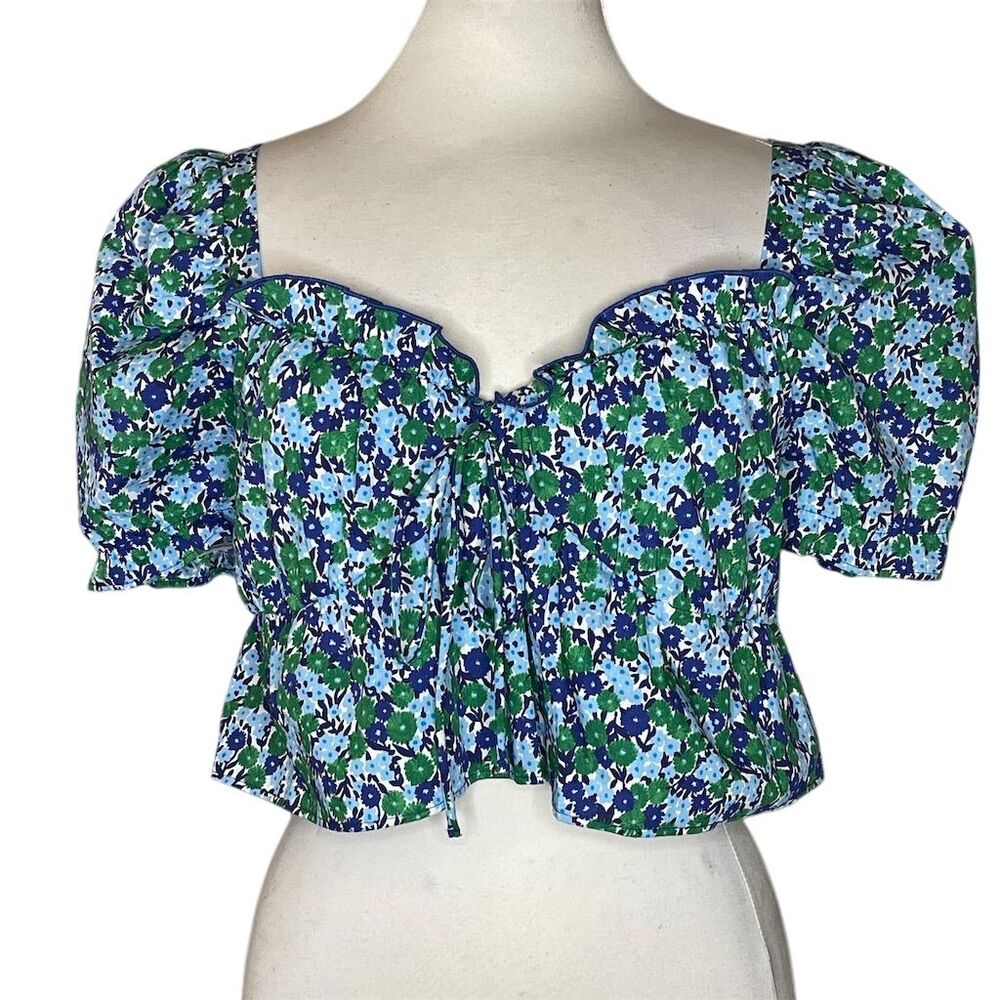 Zara Women's Floral Cropped Blouse M Multicolor Puff Sleeve Ruffle - Picture 2 of 7